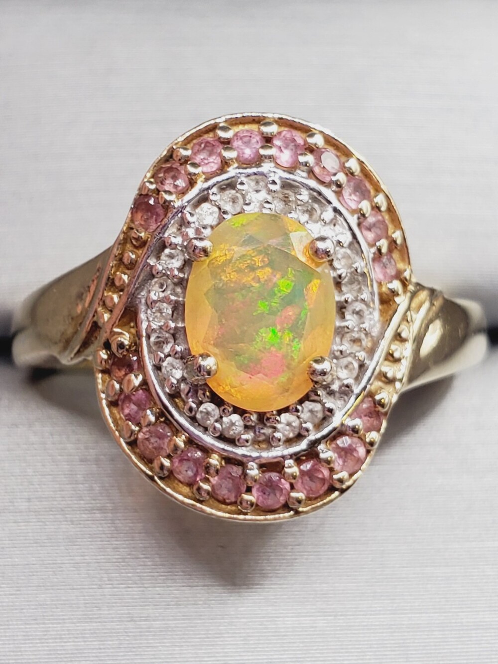 Oval Opal Pink Halo Ring - Yellow Gold - 925 Sterling Silver